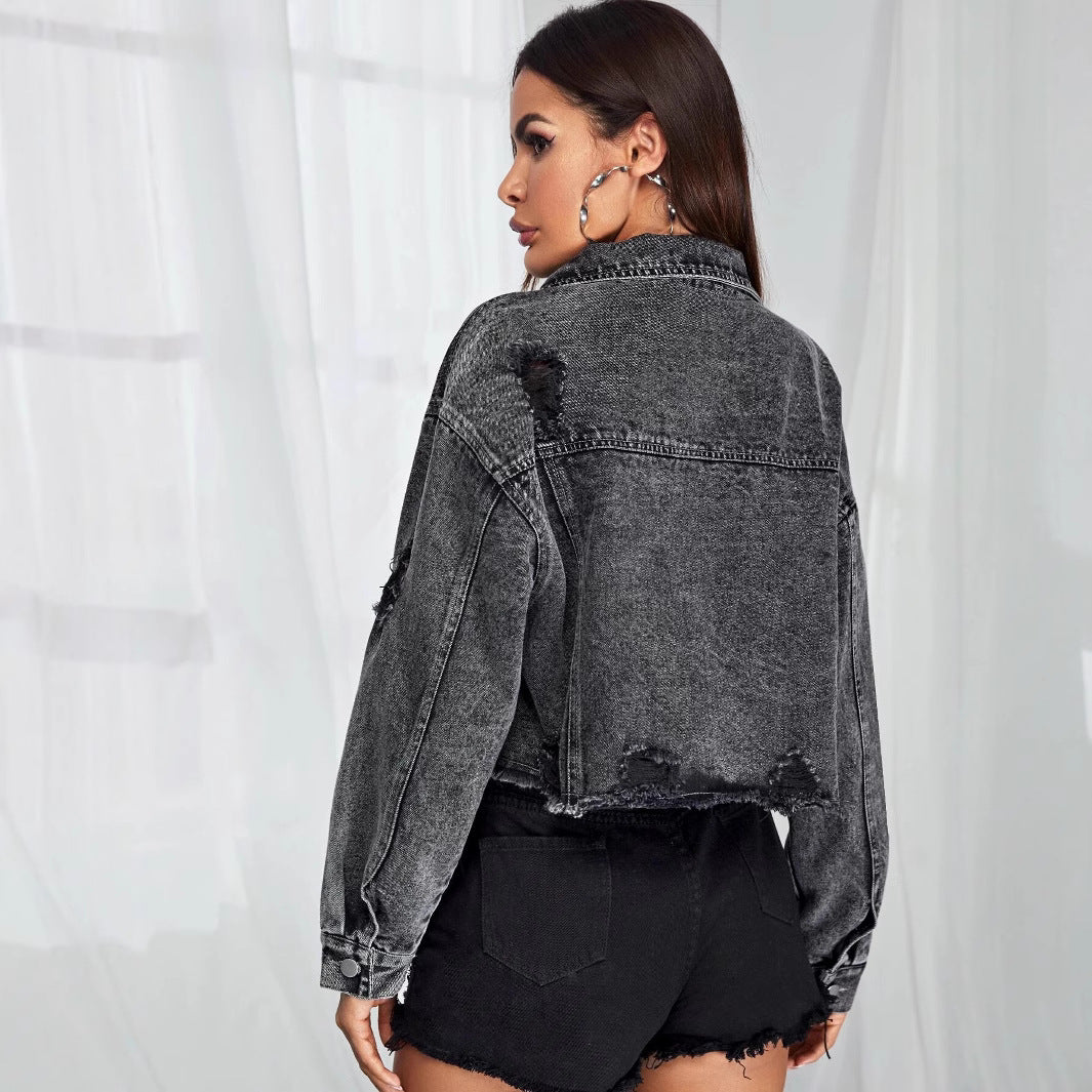 Women's Denim Fashionable Frayed Hem Ripped Jackets