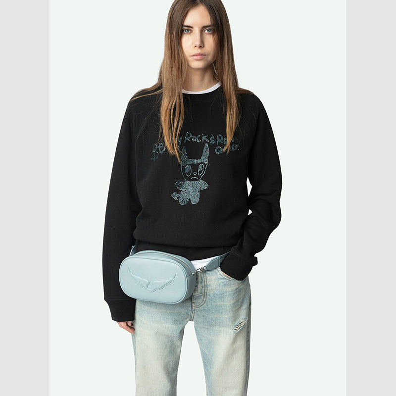 Women's Classic Little Monster Rhinestone Black Raglan Sweaters