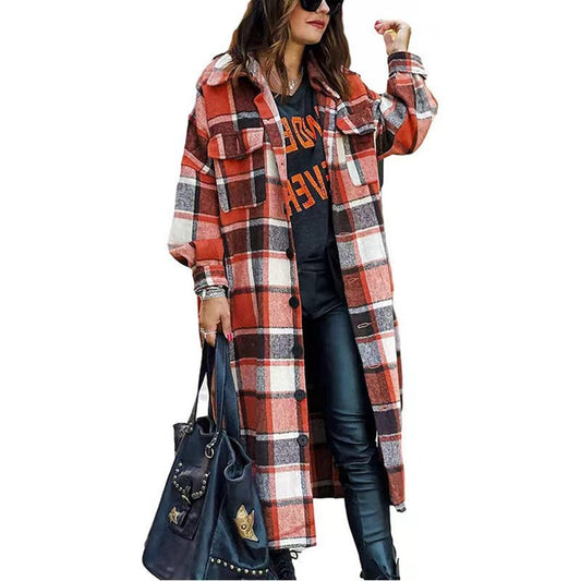 Women's Long Sleeve Loose Button Plaid Shirt Coats