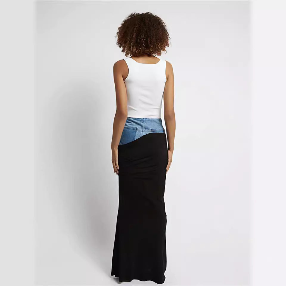 Women's High Waist Fake Two-piece Black Color Pleats Stitching Design Skirts
