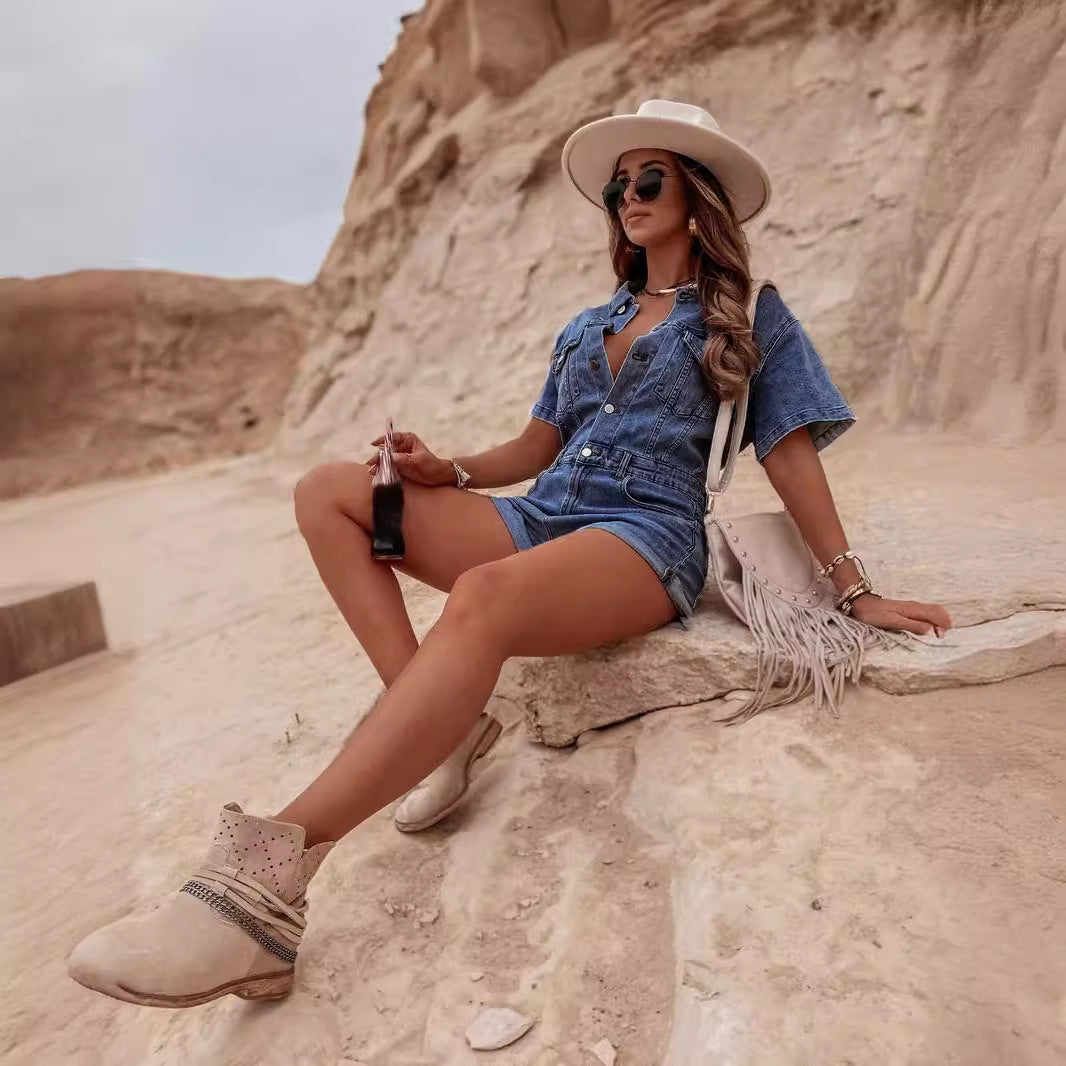 Creative Wind Loose Retro Denim One-piece Shorts