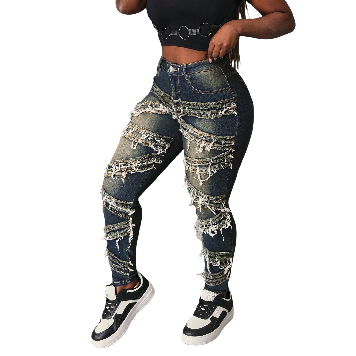 Women's Street Fashion Cat Beard Stretch Patch Jeans
