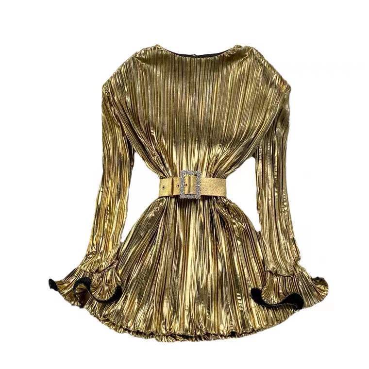 Women's Round Neck Pleated Stitching Polyester Waist Dresses
