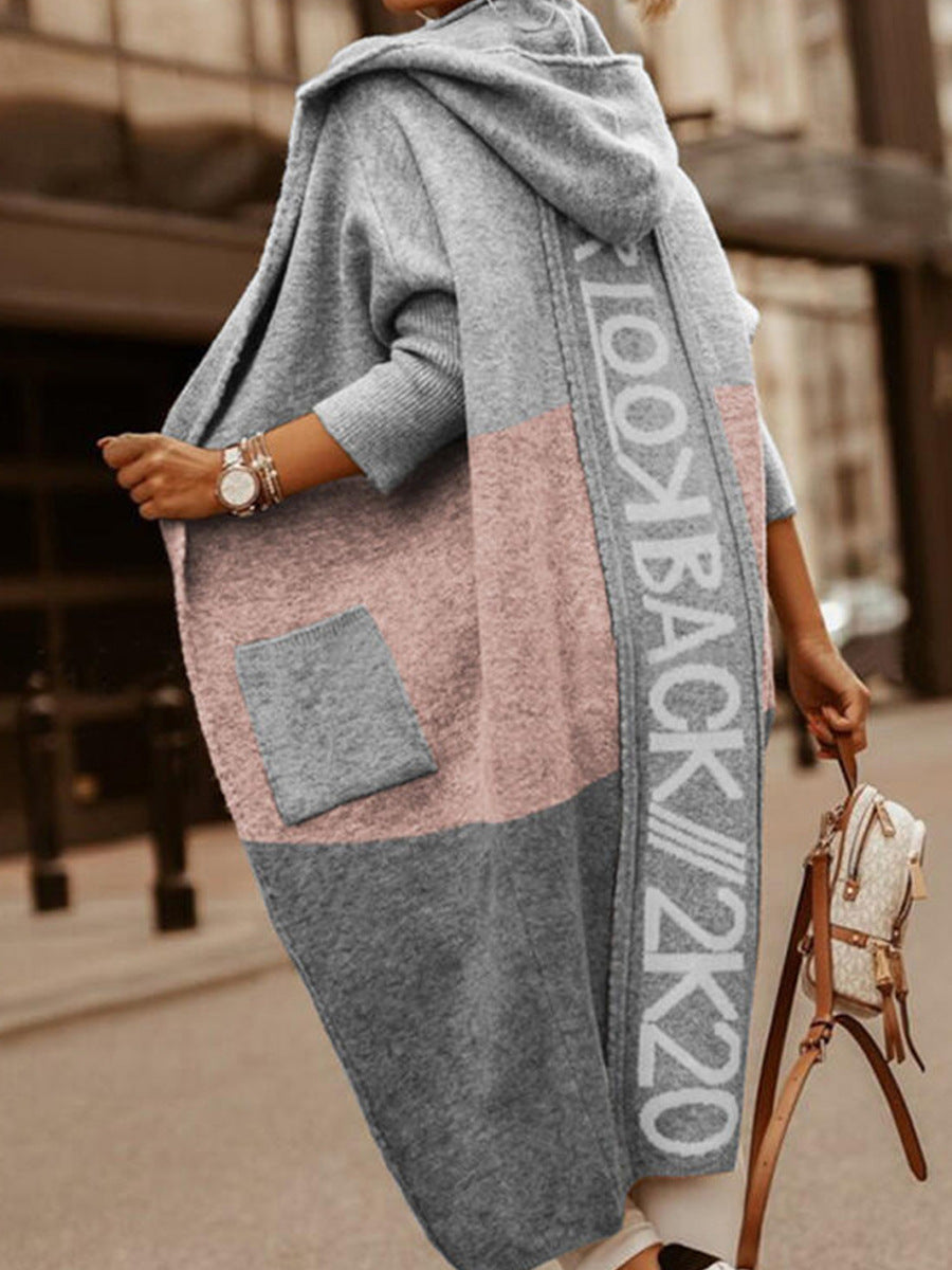 Women's Color Matching Pocket Personalized Letter Hooded Knitwear