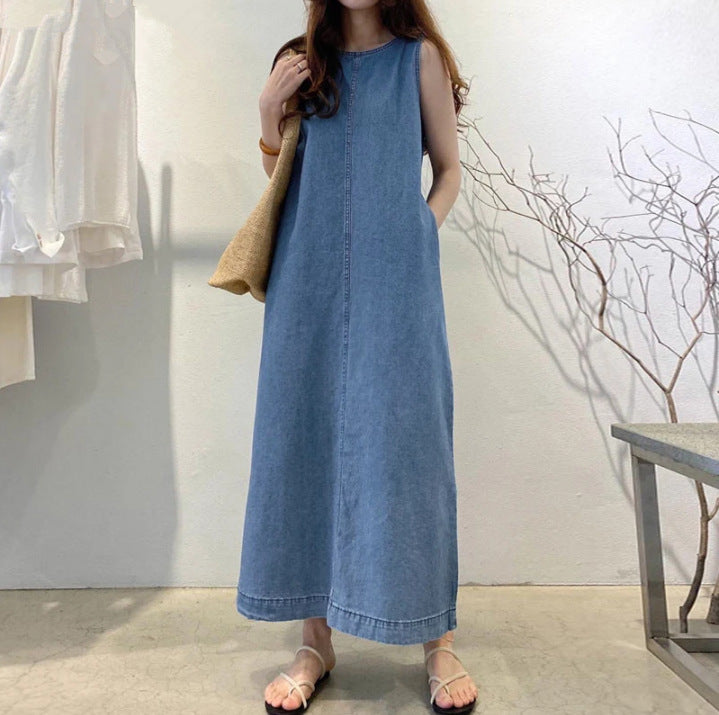 Neck Sleeveless Loose Pockets Long Pullover Bohemian Dresses