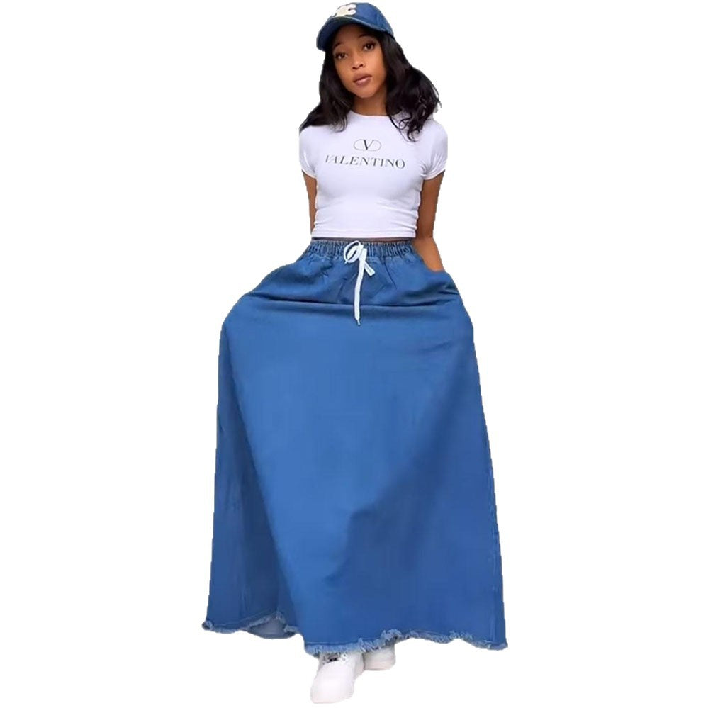 Women's Fashion Wash Solid Color Drawstring High Skirts