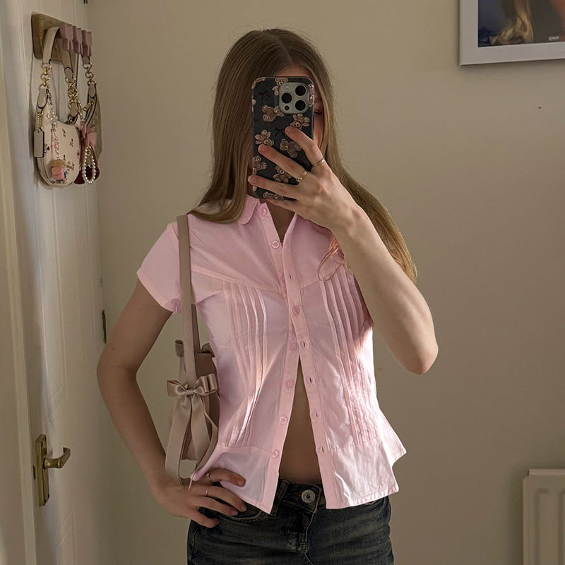 Women's Style Girly Pink Pleat Waisted Shirt Summer Slim Blouses