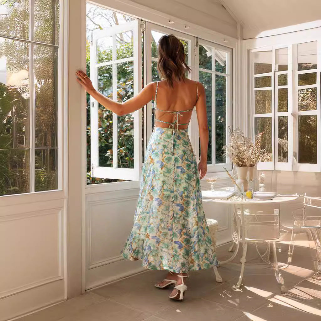 Summer Floral Print Hem Slit Backless Dresses