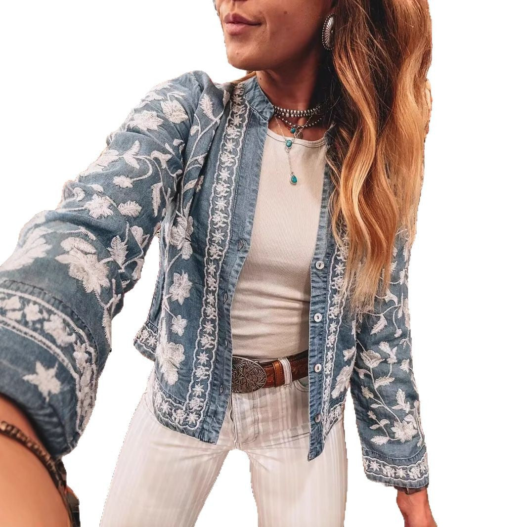 Women's Cool Embroidered Denim Buttons Long-sleeved Blouses