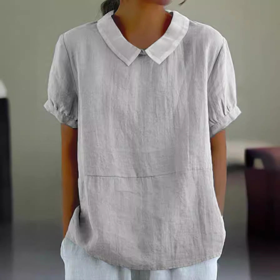 Women's Loose Lapels Shirt Sleeve Cotton Shorts