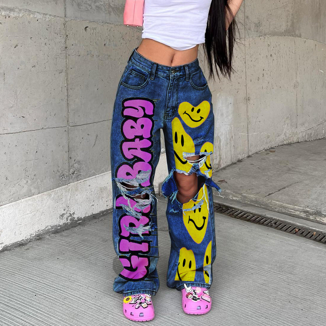 Hot Personality Trendy Loose Washed-out Denim Jeans