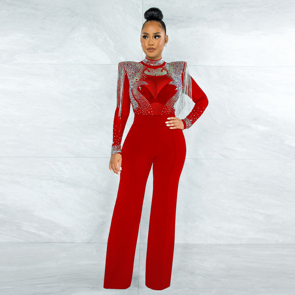 Women's Sexy Casual Turtleneck Hot Drilling Tassel Pants