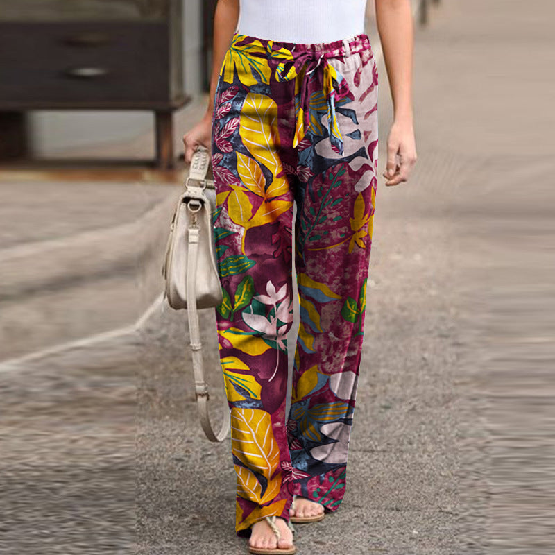 Women's Printed Cotton Linen Casual Comfortable Elastic Pants