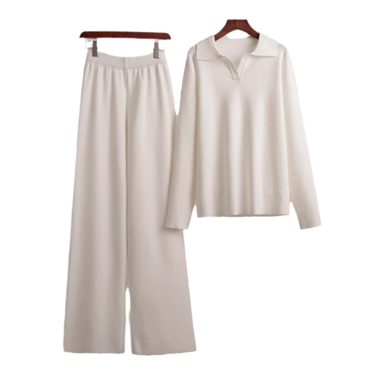 Collar Knitted Pullover Wide Leg Trousers Suits