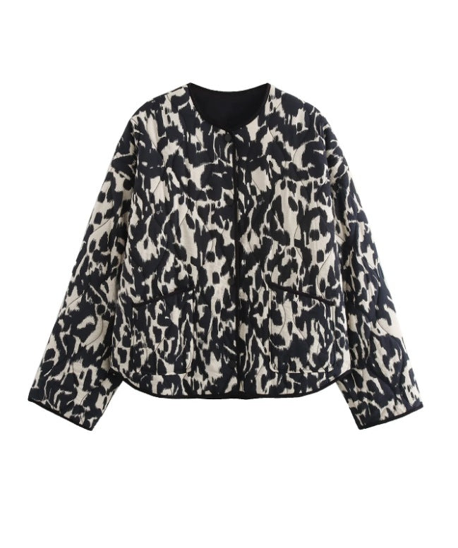 Women's Leopard Print Round Neck Cotton Jackets