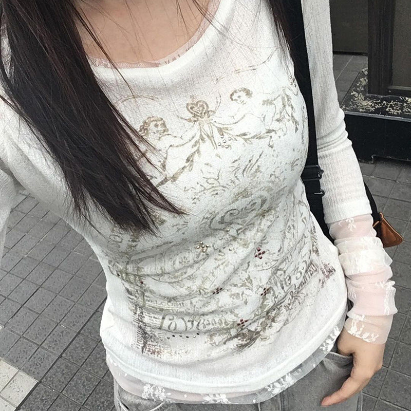 Totem Print Stitching Lace Sense Long Blouses