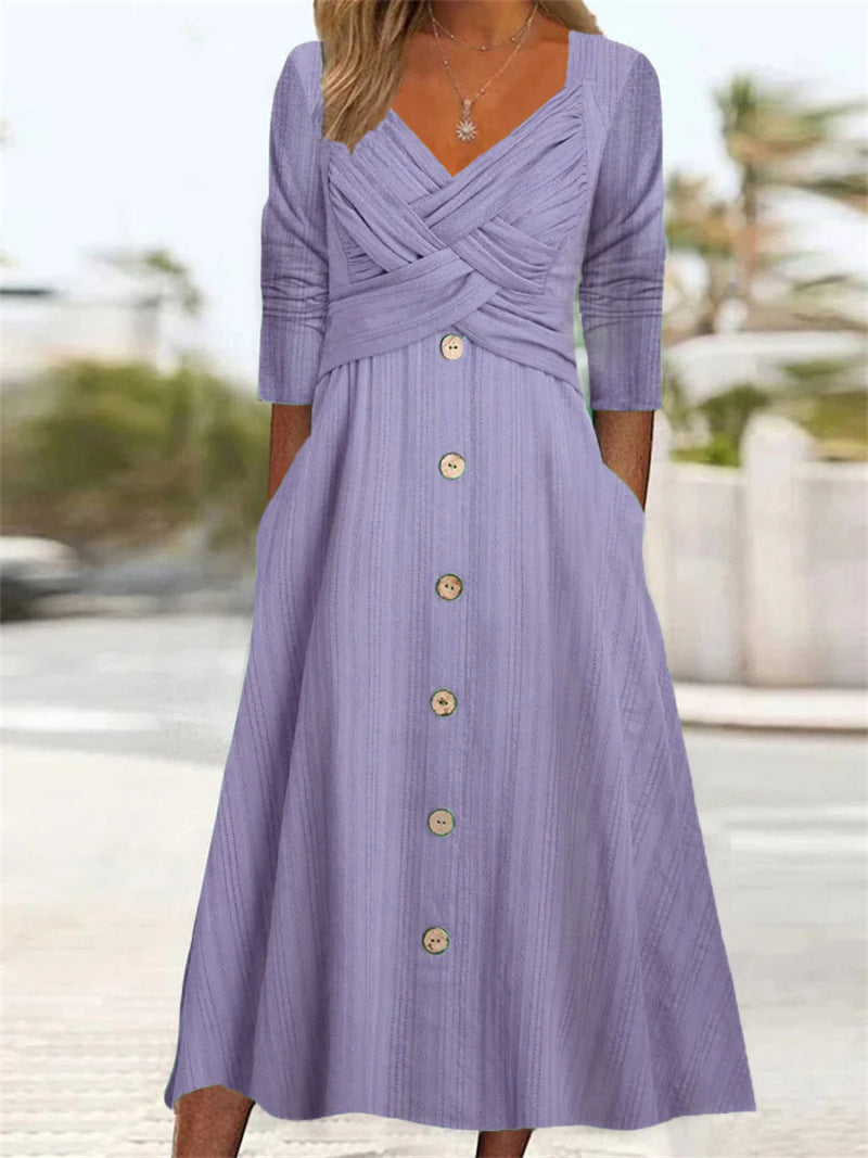Women's Color Long Sleeve Cross Button Casual Dresses