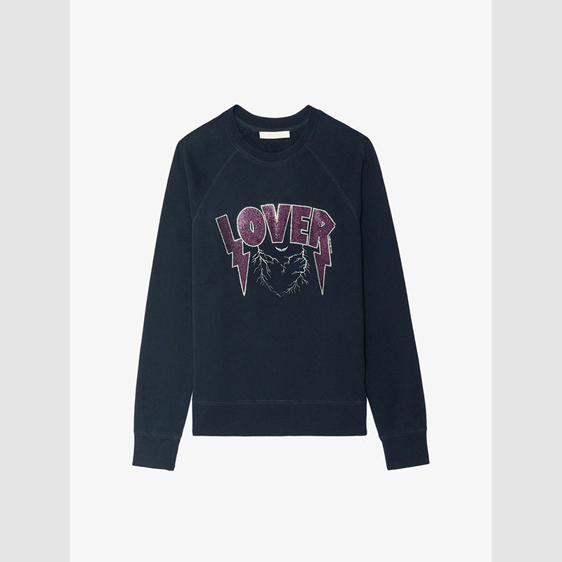 Women's Print English Hot Rhinestone Raglan Sleeve Sweaters