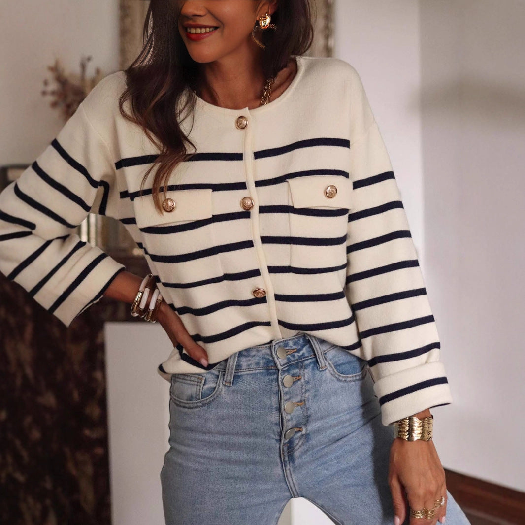 Women's Black White Striped Button Knitted Casual Sweaters