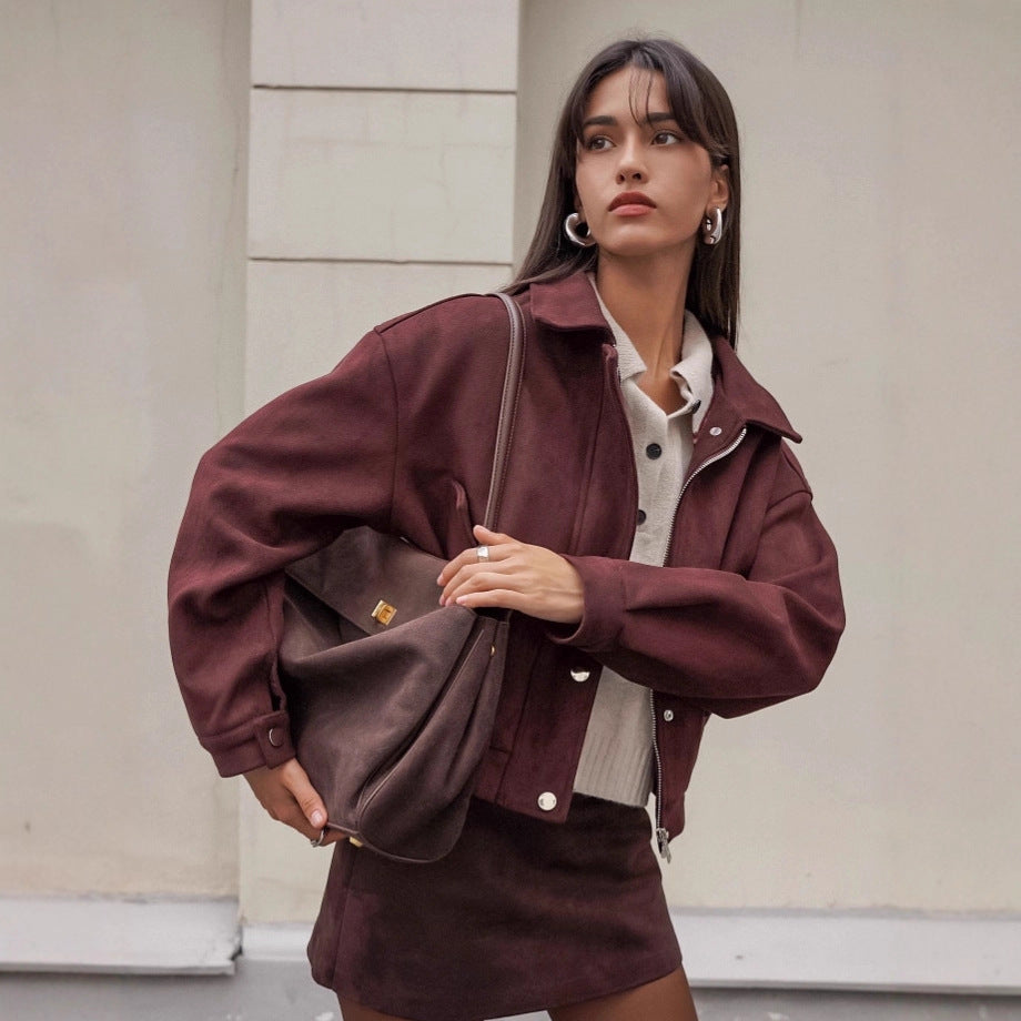 Women's Vintage Red Brown Suede Casual Loose Jackets