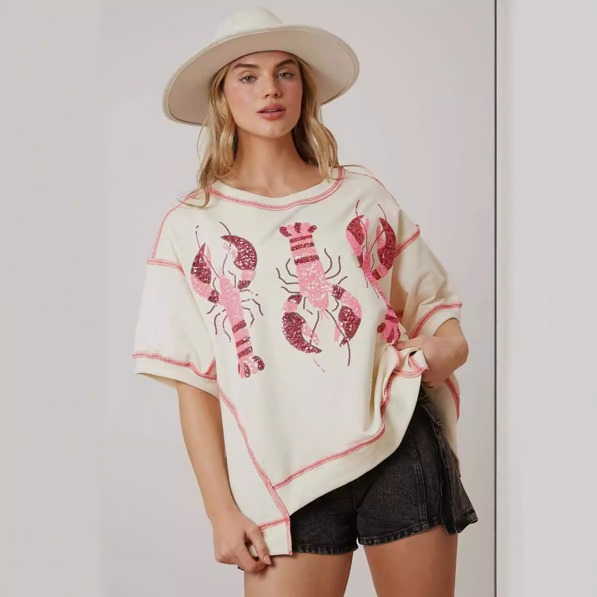 Women's Summer Loose Casual Lobster Sequined T-shirt Blouses