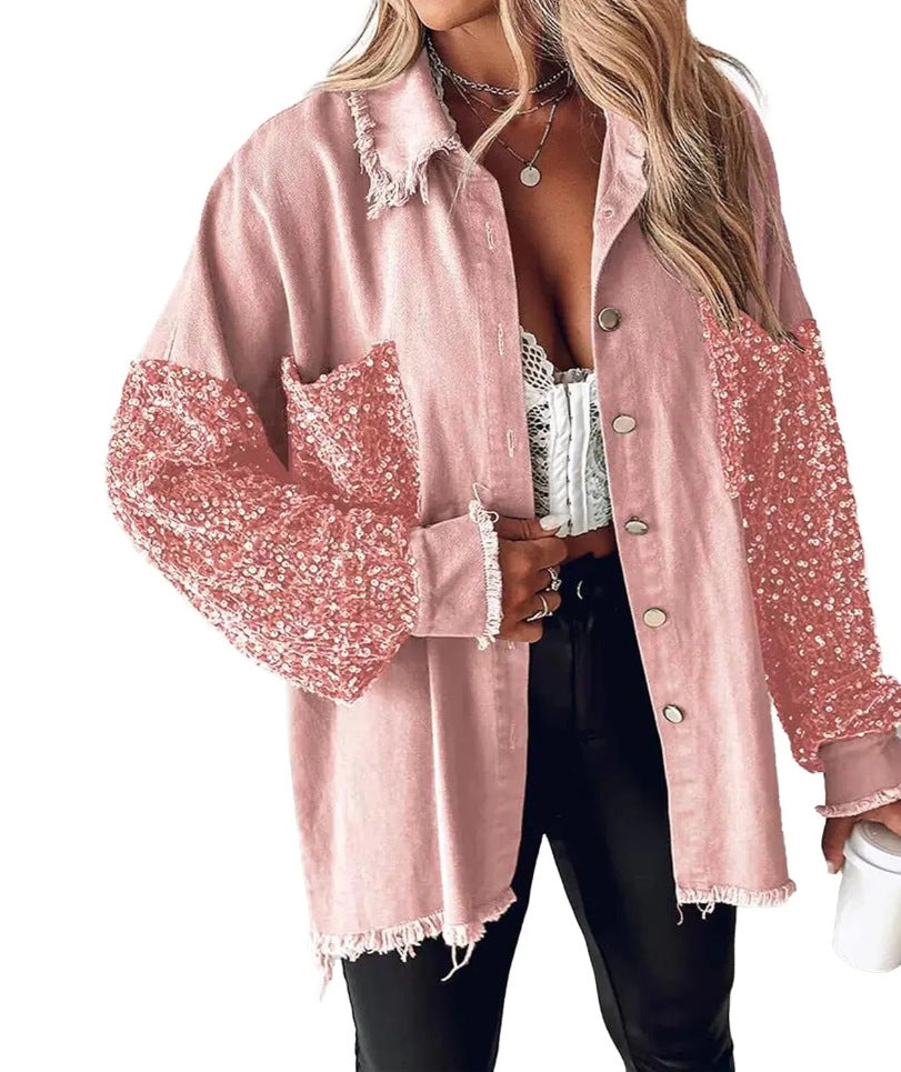 Denim Pullover Long Sleeve Sequined Patchwork Jackets