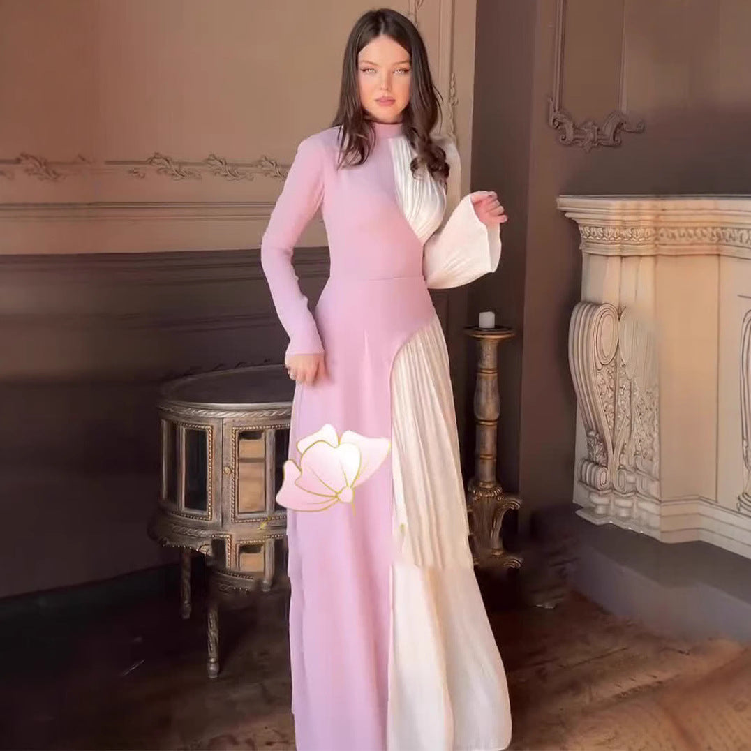 Women's Round Neck Contrast Color Long Sleeve High Waist Dresses