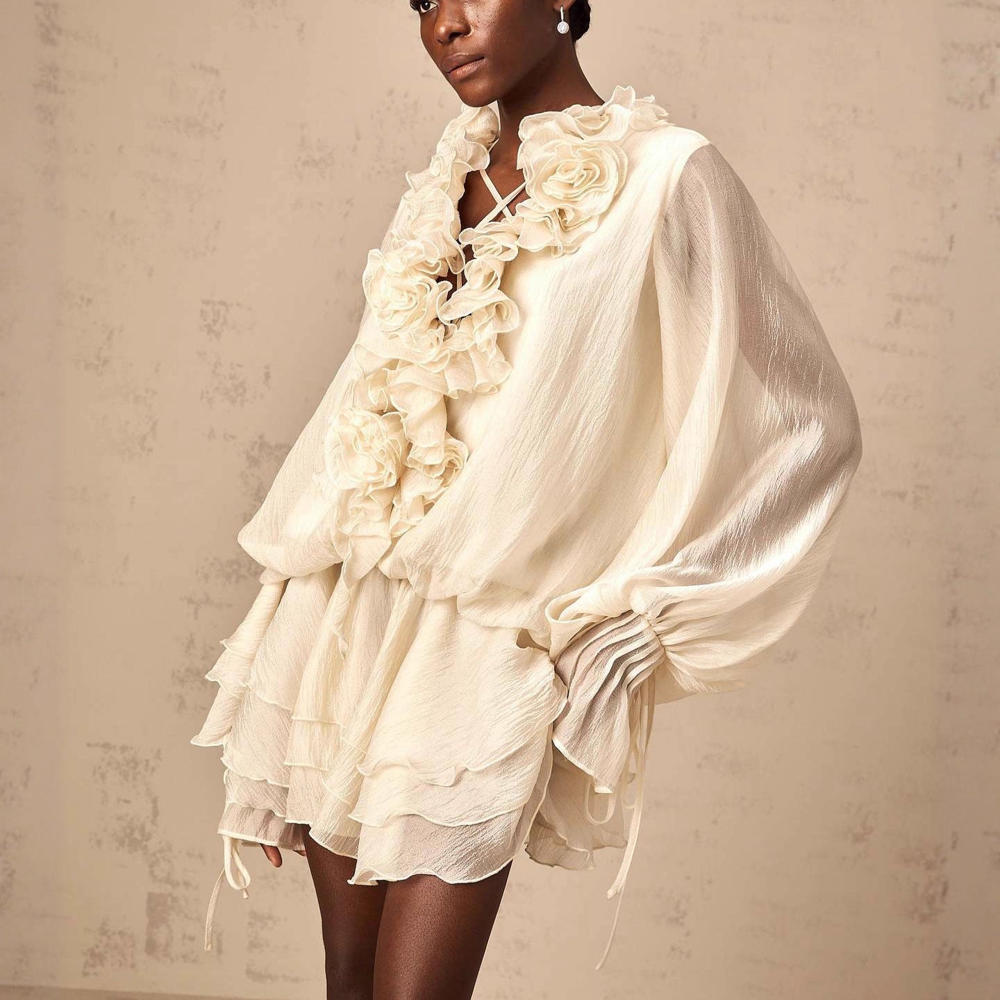 High-grade Three-dimensional Flower Strap Lantern Sleeve Ruffled Dresses