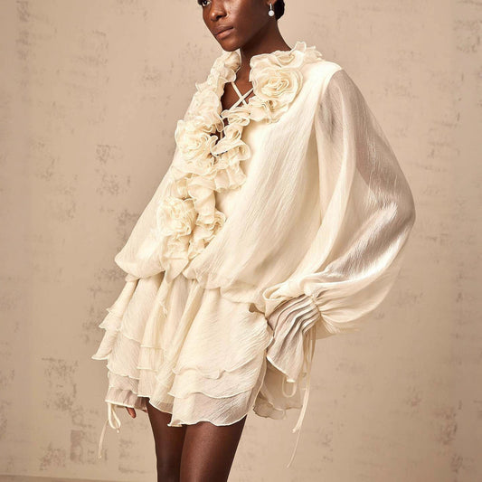 High-grade Three-dimensional Flower Strap Lantern Sleeve Ruffled Dresses