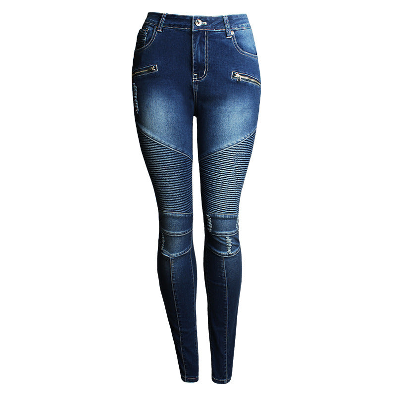 Women's Motorcycle Ripped Slim Elastic Slimming Denim Jeans