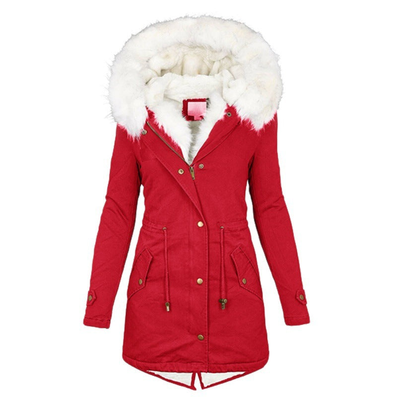 Women's Trench White Fur Collar Hood Warm Coats