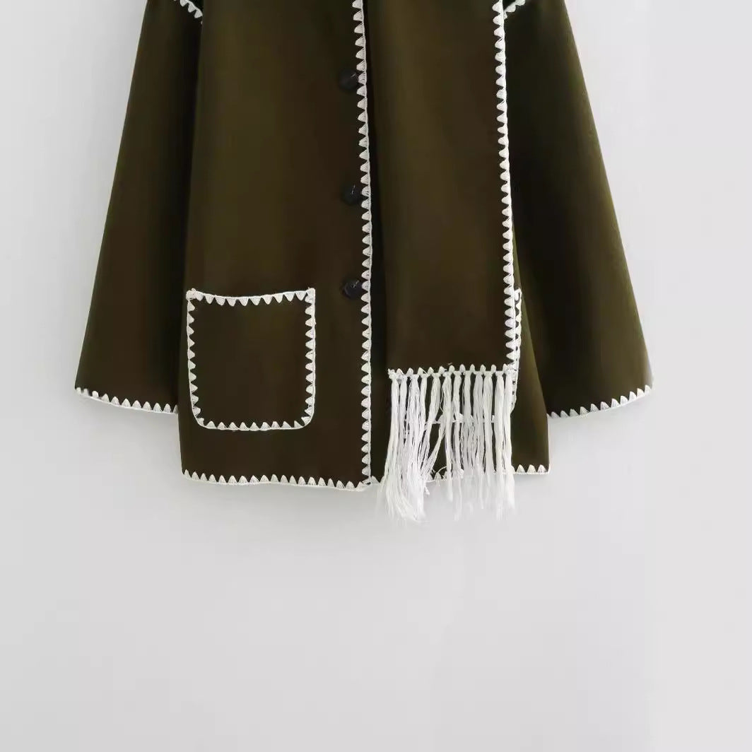 Women's French Fashion Single-breasted Tassel Scarf Stitching Coats