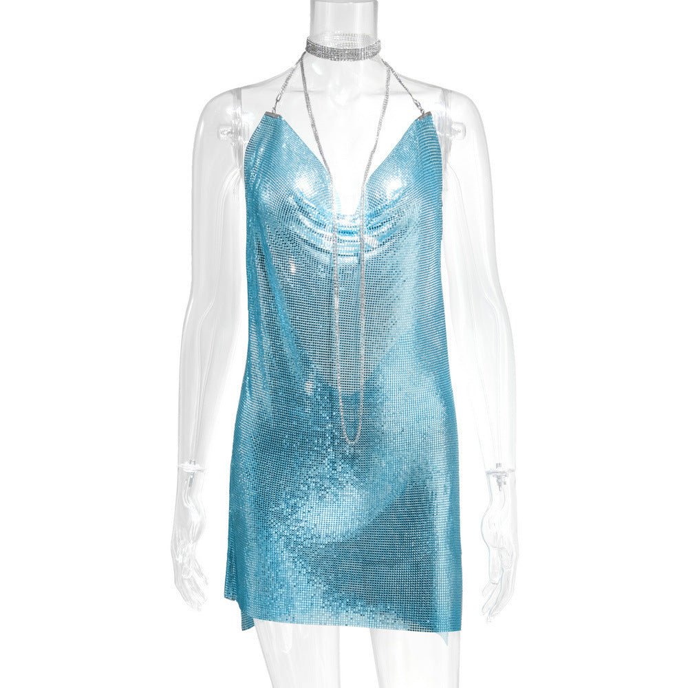 Women's Metal Sequins Sexy Brace Halter Diamond Dresses