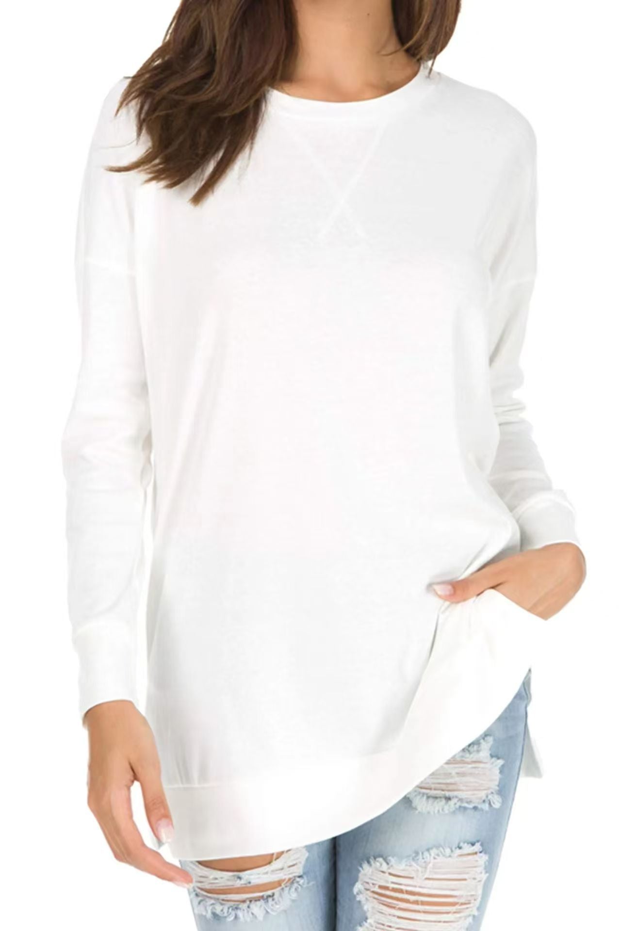Women's Popular Slit Loose Round Neck Long Blouses