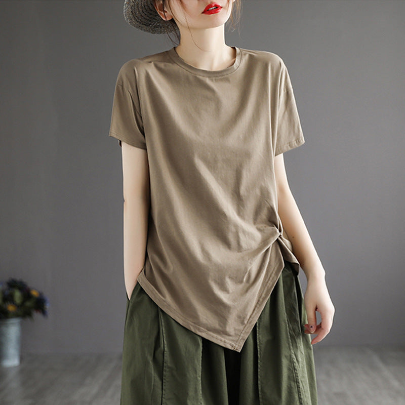 Women's Pleated Short-sleeved T-shirt Summer Artistic Retro Blouses