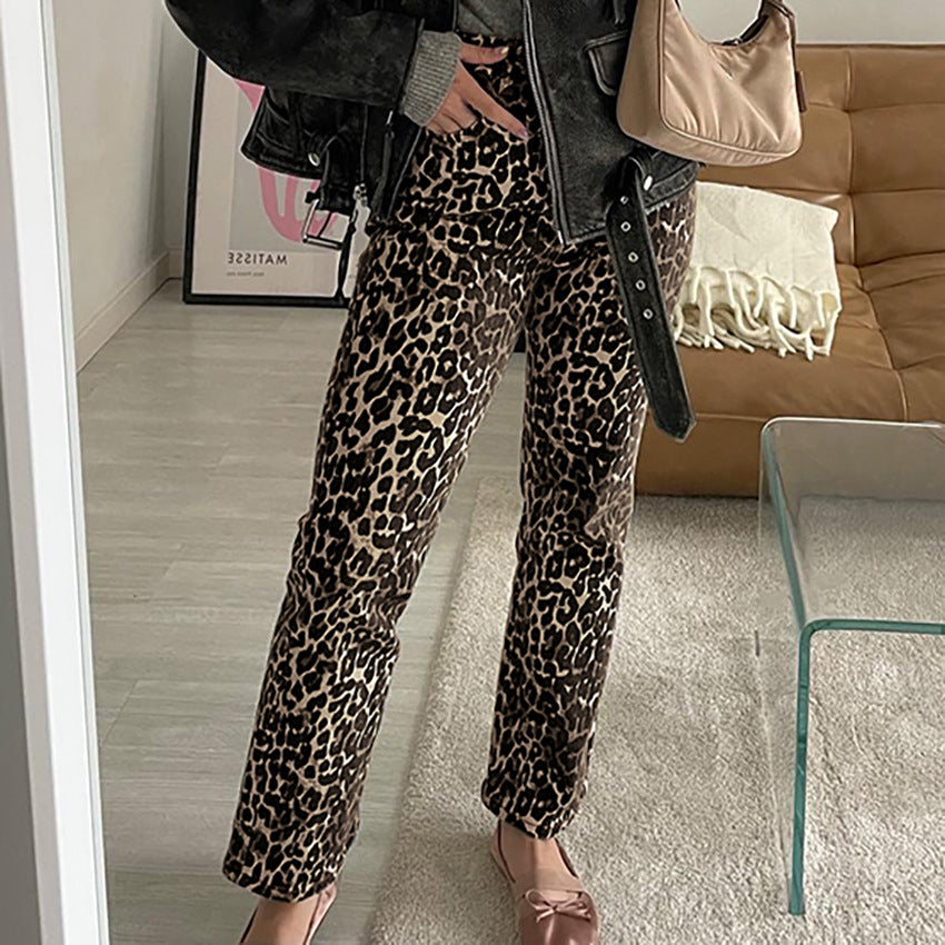 Leopard Print High Waist Straight Retro Pants
