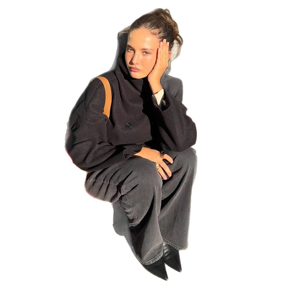 Women's Graceful Stand Collar Double Breasted Long Sleeve Solid Coats