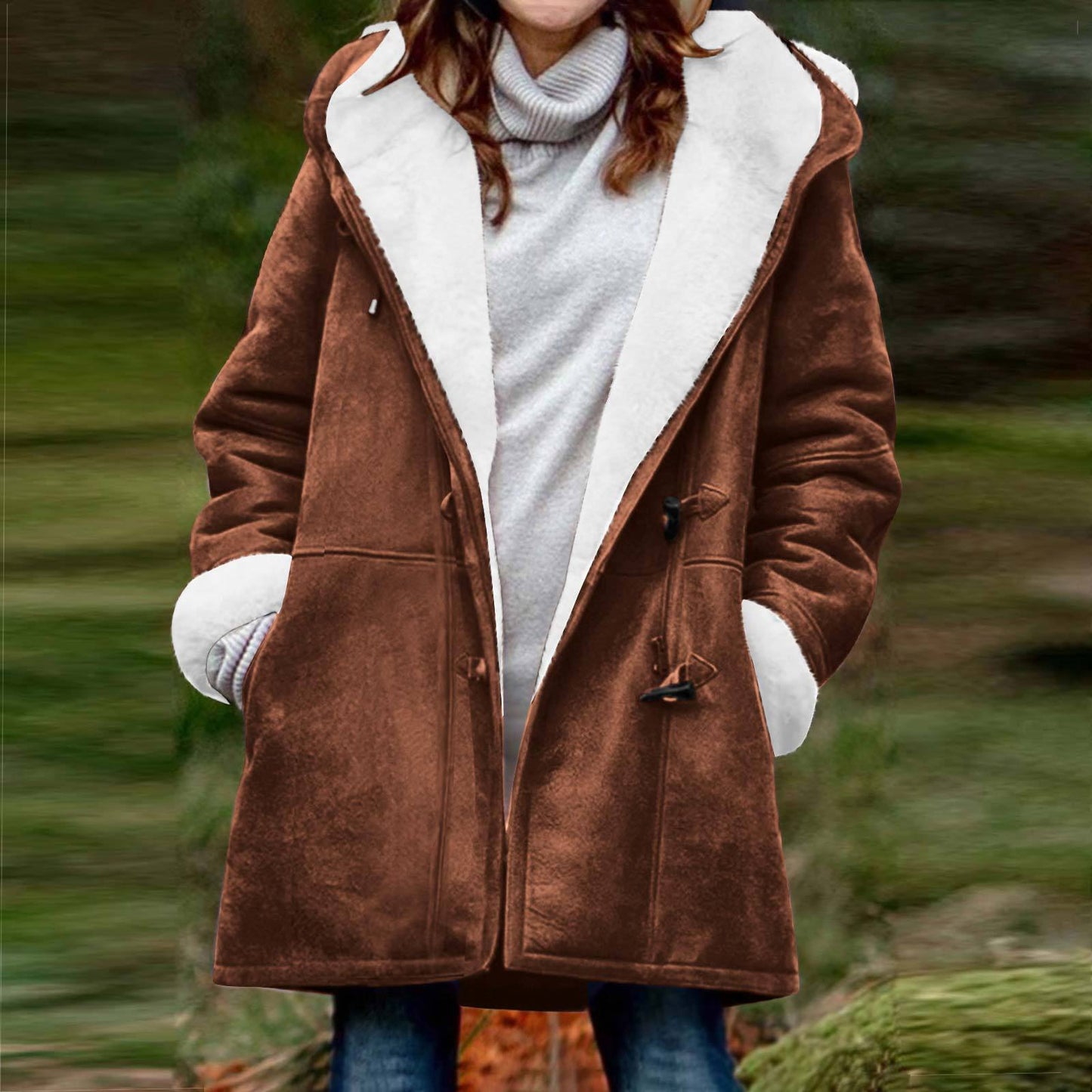 Women's Long Sleeve Horn Button Suede Fleece-lined Coats