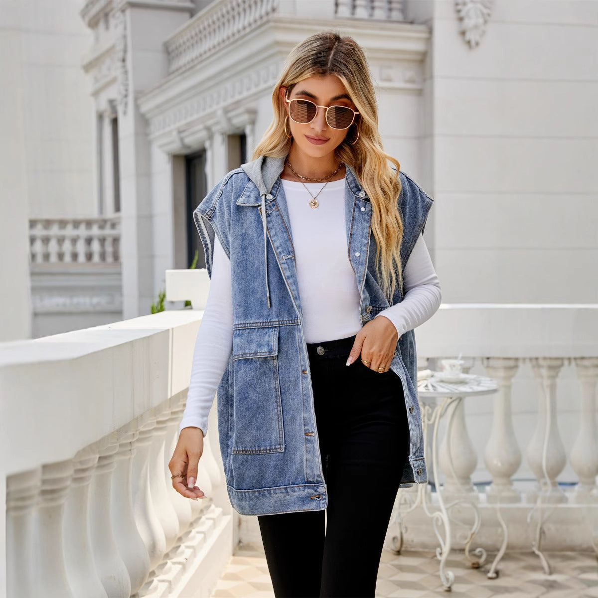 Women's Denim Waistcoat Fashion Trendy Sleeveless Hooded Vests