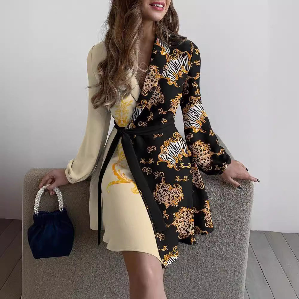 Women's Floral Printing Lapel Long Sleeve Waist Dresses