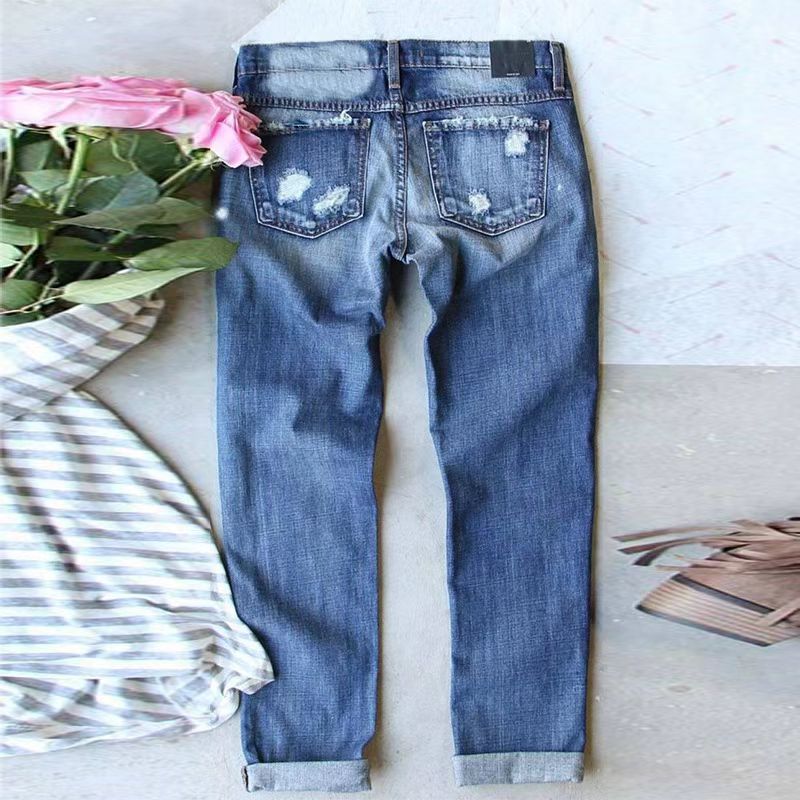 Women's Valentine's Day Printing Hole Straight Jeans