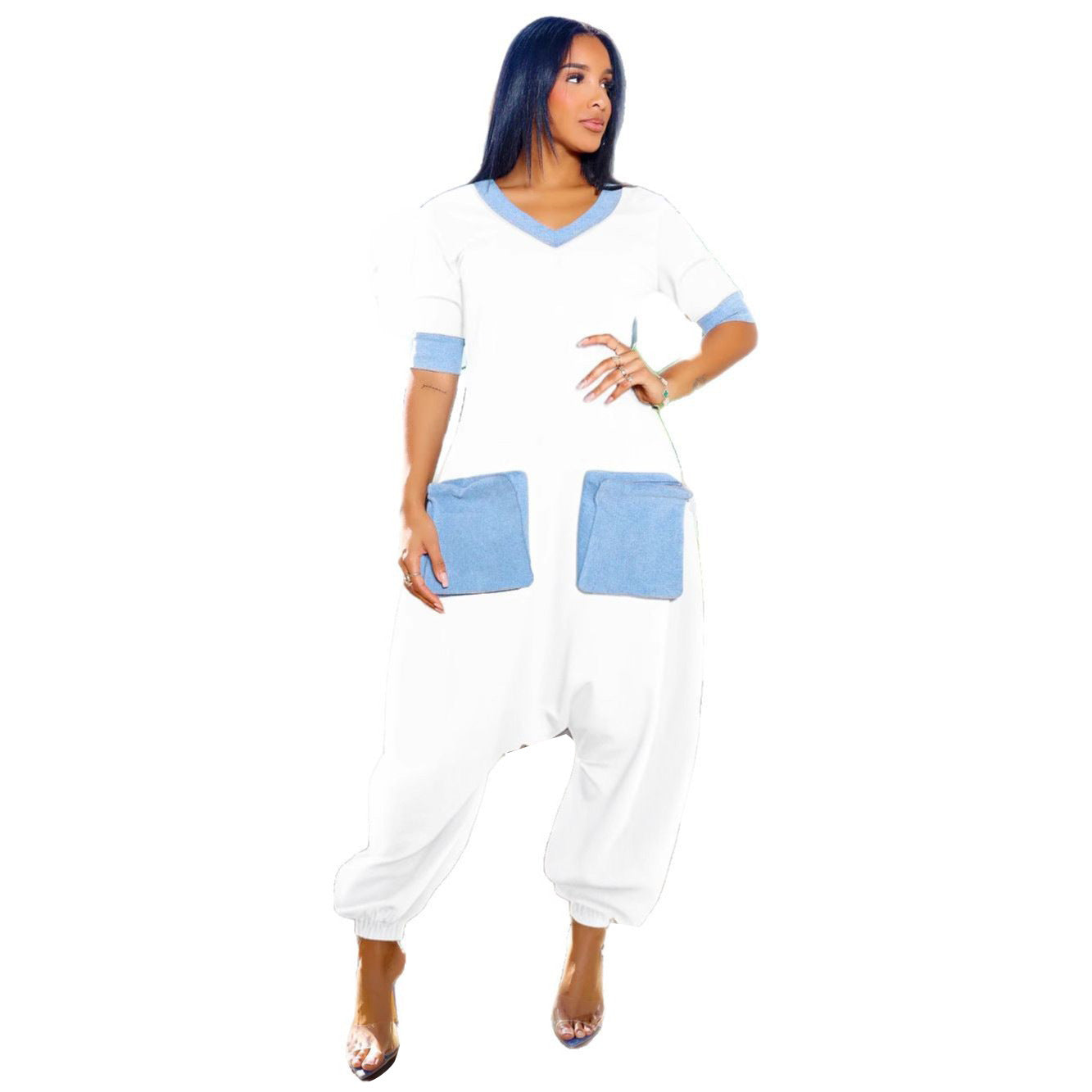 Commute Denim Stitching Contrast Color Loose Jumpsuits