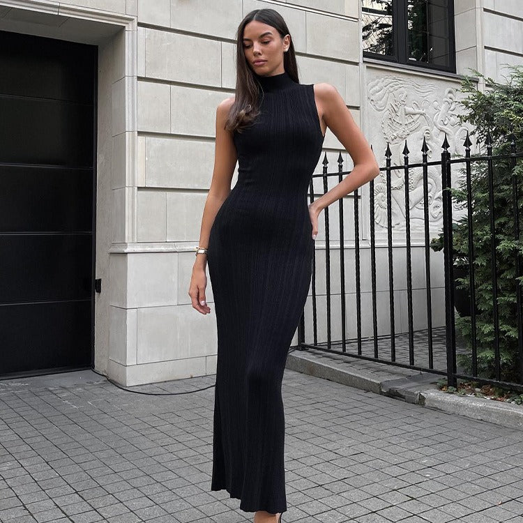 Knitted Turtleneck Sleeveless Tight Midi Dress Dresses