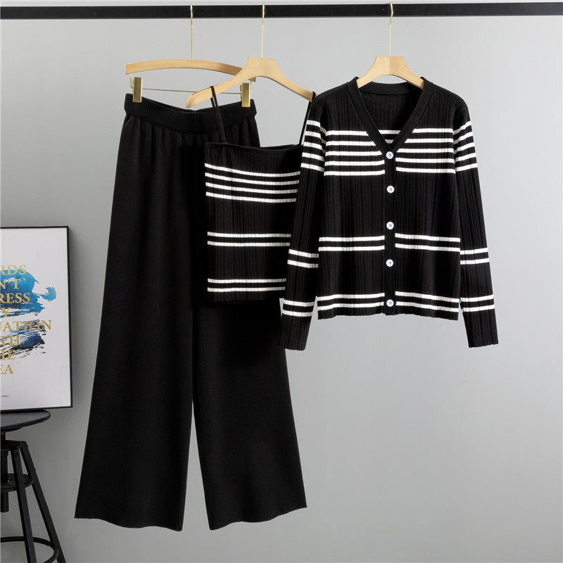 Women's Korean Striped Knitted Sling Fashionable Three-piece Fashion Casual Suit