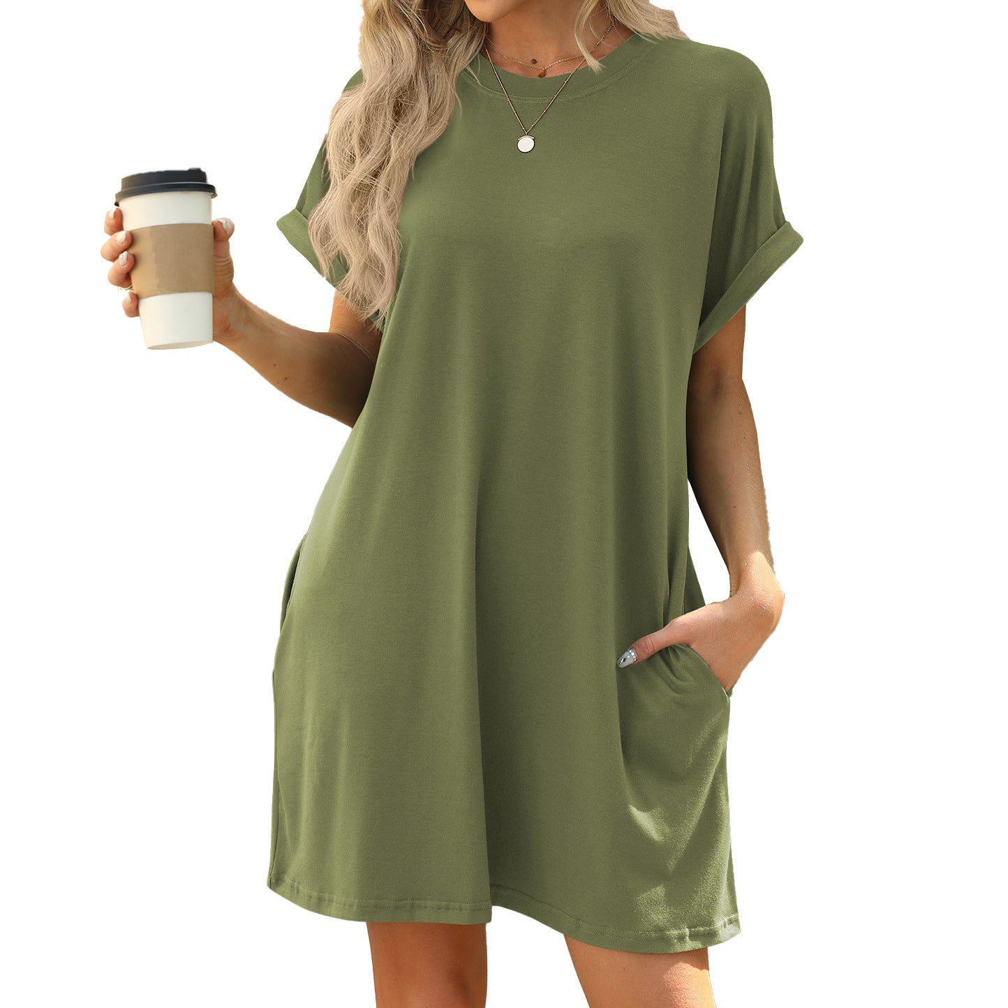 Solid Color Round Neck Pocket Loose Dresses