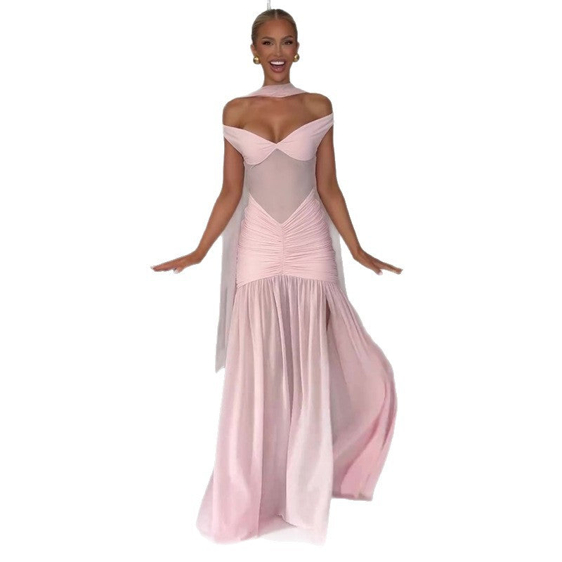 Women's Pleated Patchwork Slit Pink Long Dress Dresses