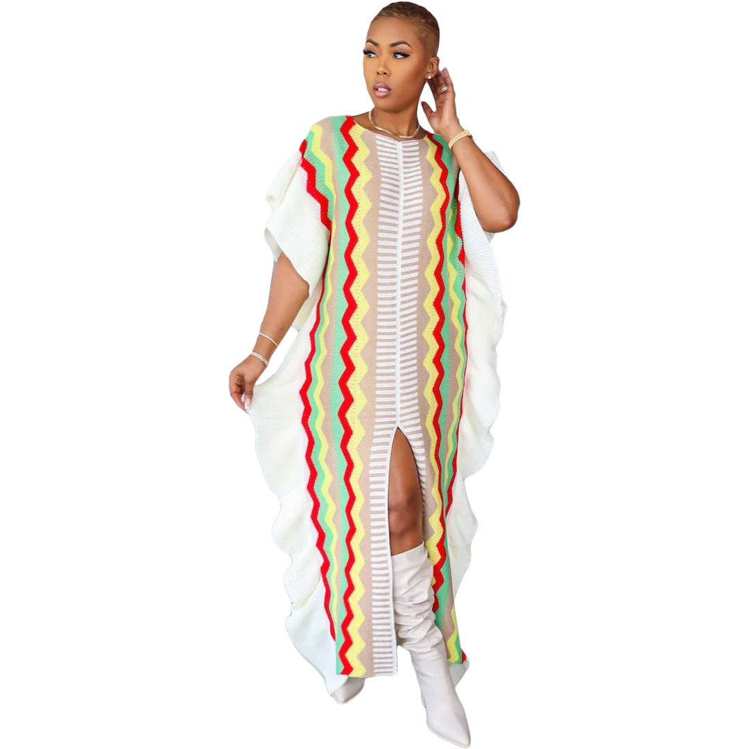 Women's Ruffled Knitted Striped Slit Long Dresses