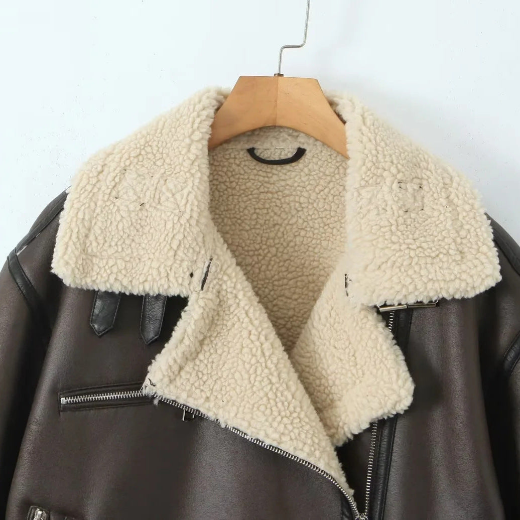 Women's Fashion Belt Zip Composite Fur Jackets