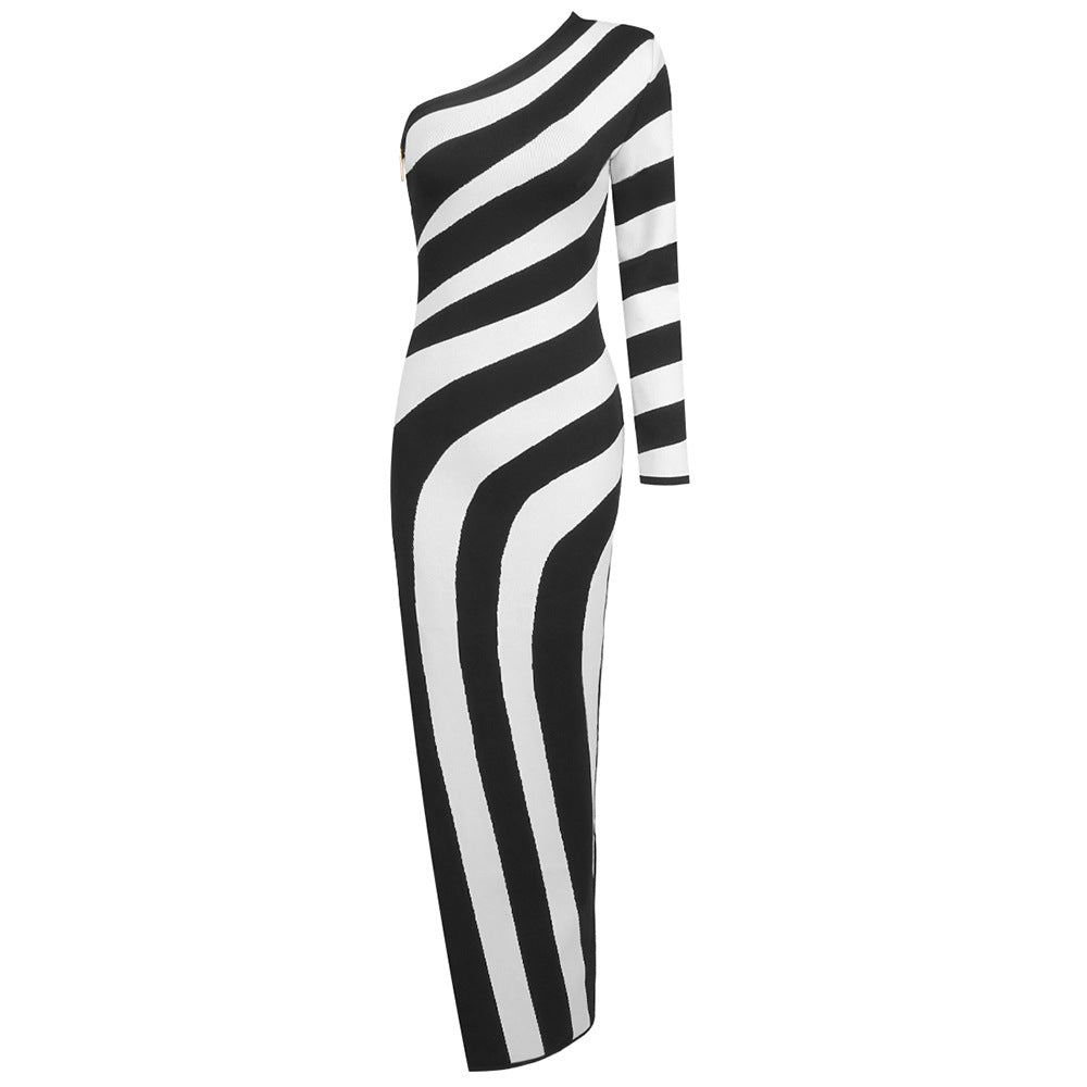 White Striped Sexy High Slit Dress Dresses