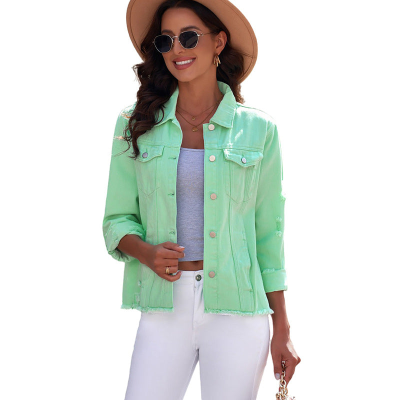 Women's Solid Color Single Row Washed Denim Cardigans